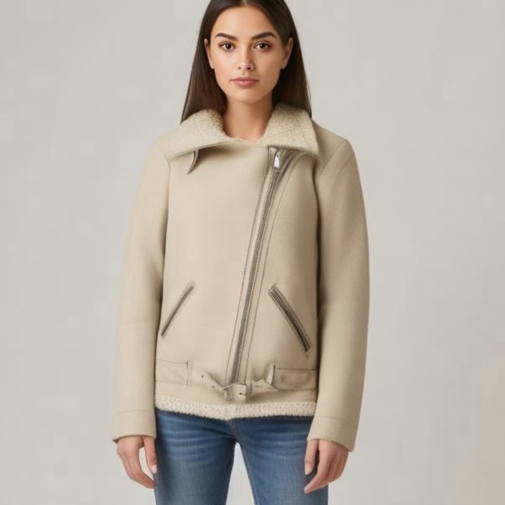 Zara Sz S Cream Neutral Sherpa Biker Jacket